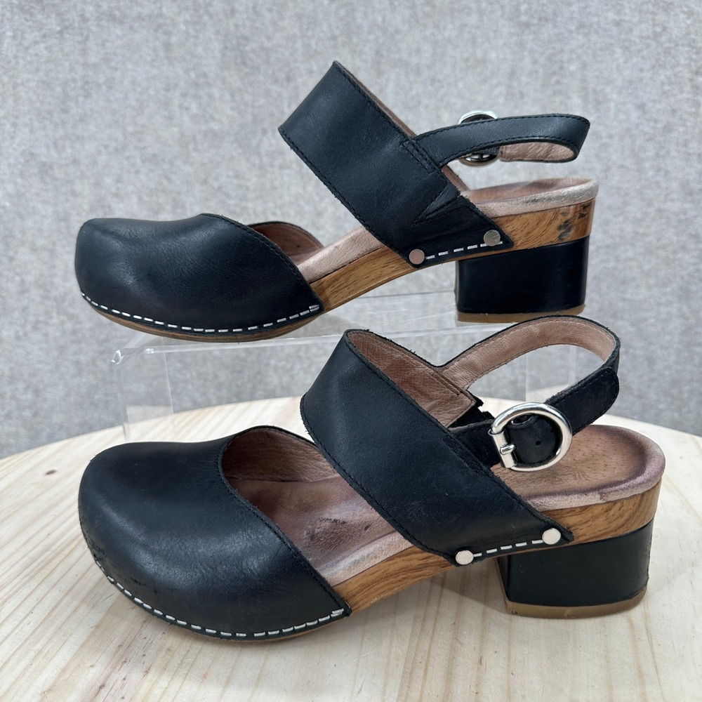 Dansko Malin Clog Sandals Womens 7.5-8 Black Leather Wood Block Heel Strap